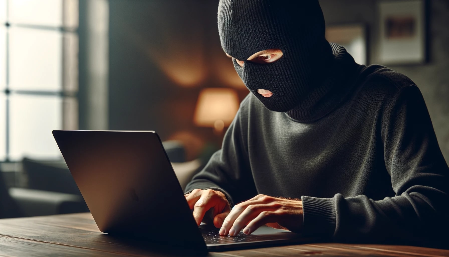 Immagine di un uomo anonimo con passamontagna che digita su un laptop senza marchio in una stanza buia, simbolo di privacy e sicurezza informatica